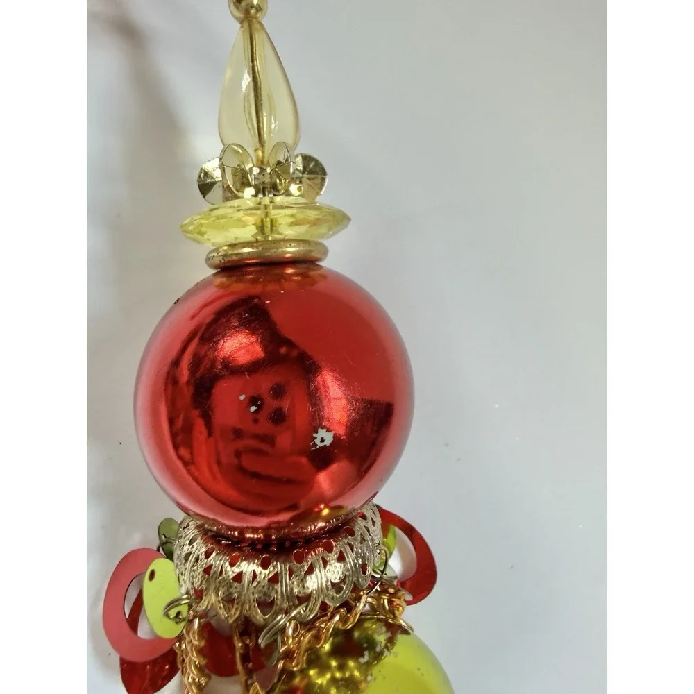 Red Gold Tiered Dangling Christmas Ornament Metallic Bauble Gold Chain Festive